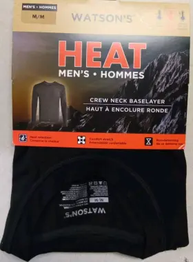 Watsons 062910496533 Mens Heat Base Layer Crew Neck Size Medium Black