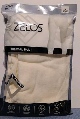 Zelos 190009030631 Mens White Thermal Long Pants 100% Soft Cotton Inch Preshrunk Performance/new