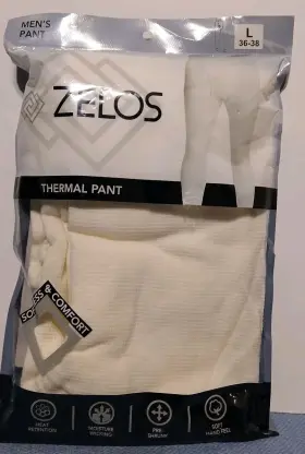 Zelos 190009030631 Mens White Thermal Long Pants 100% Soft Cotton Inch Preshrunk Performance/new
