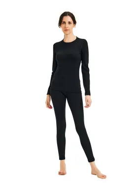 Mata-642-blk-l Zsosba Women Merino Wool Base Layer Set Thermal Underwear Top Bottom Hiking Skiing T